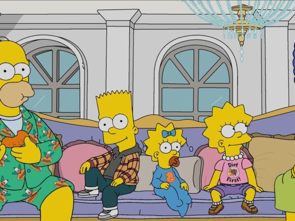 The Simpson family sit around their couch