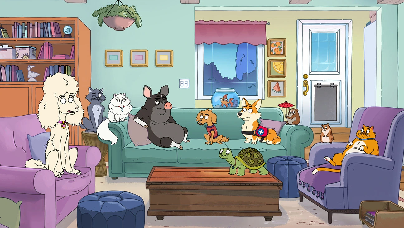 The cast of characters from HouseBroken sit around a couch in therapy