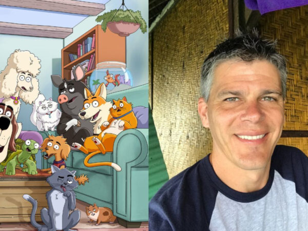 Eric Koenig in a side by side photo of the cast of animals on Housebroken
