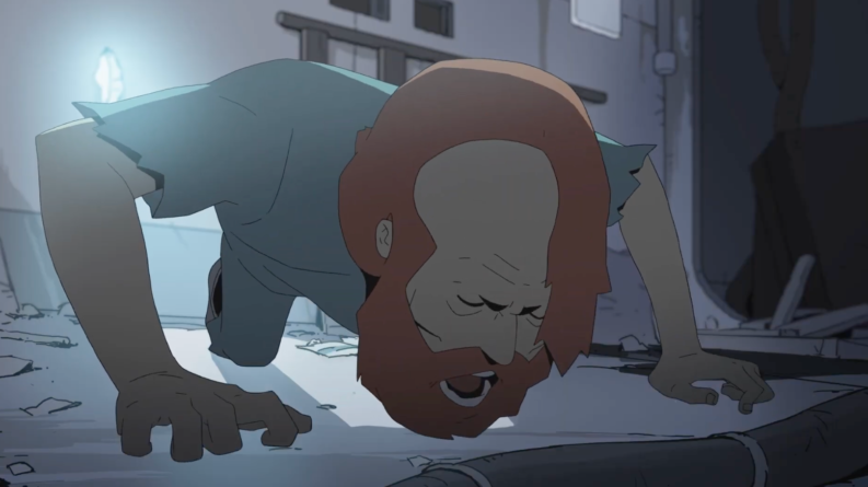 Kamen cries on the floor in Scavengers Reign. Courtesy of Max.