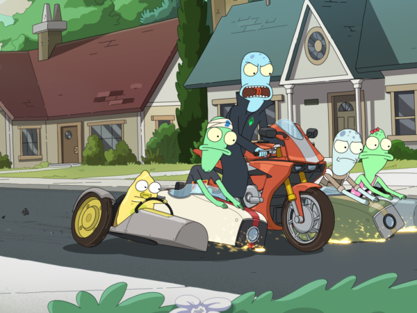 Solar Opposites on a motorcycle